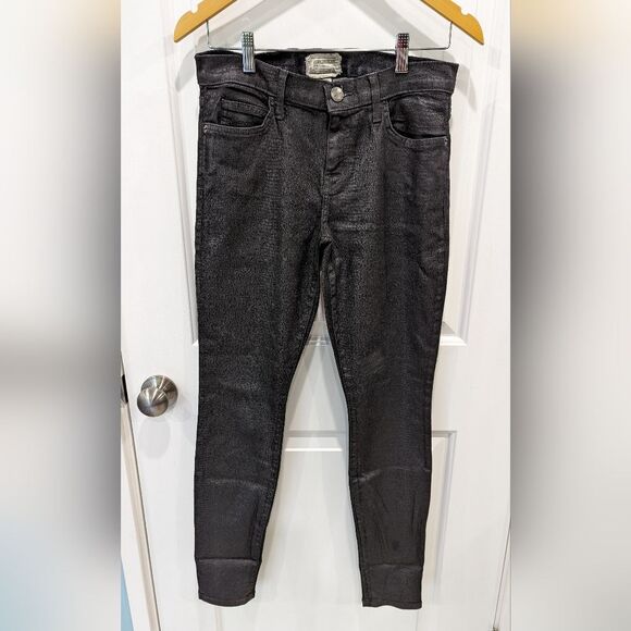 Current/Elliot The Ankle Skinny Trucker Coated Textured Black Jeans Size 28 - Picture 4 of 10